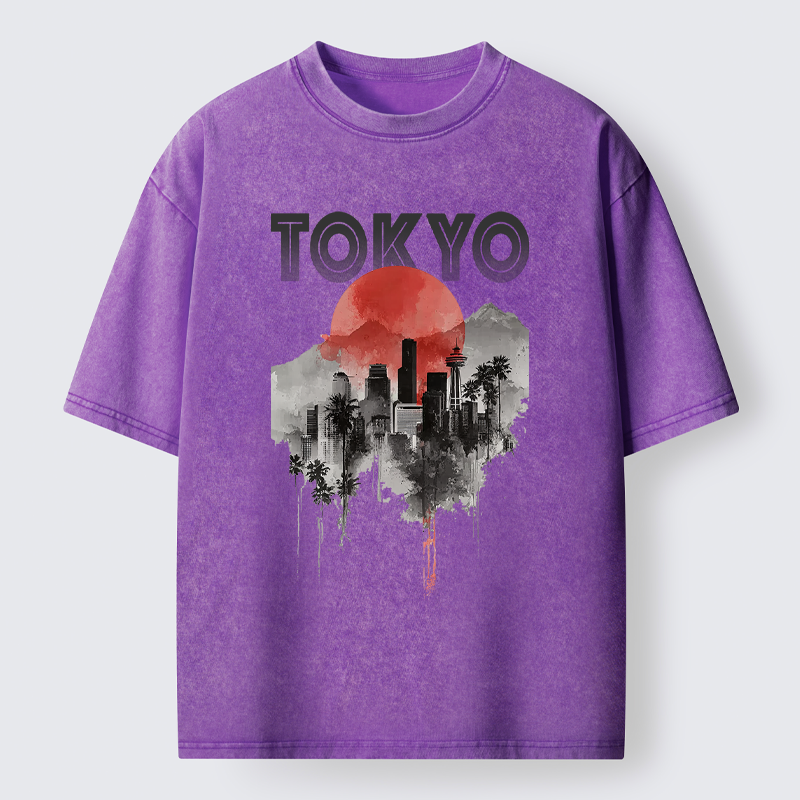 Tokyo-Lion Sunset in Tokyo Washed T-Shirt