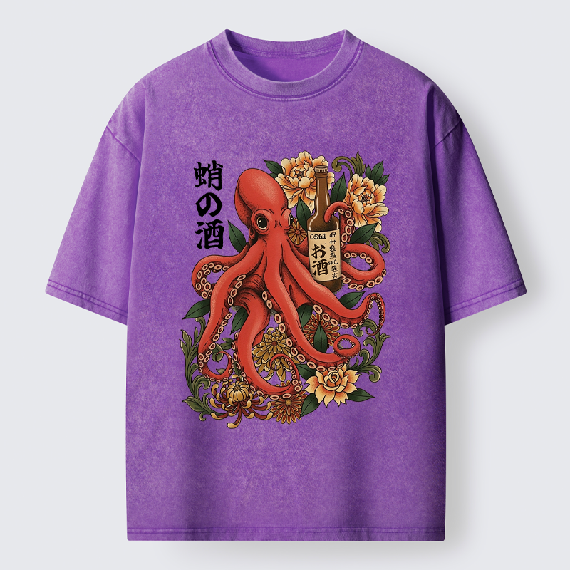 Tokyo-Lion Octopus with Sake Bottle Washed T-Shirt