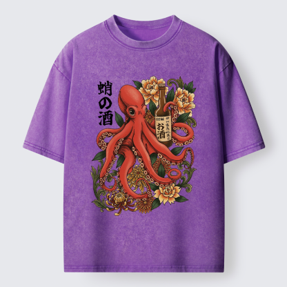 Tokyo-Lion Octopus with Sake Bottle Washed T-Shirt