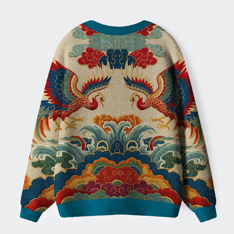 Tokyo-Lion Vermilion Phoenixes in Brocade Skies Ugly Cardigan Sweater