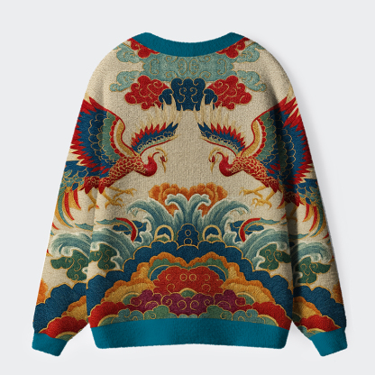 Tokyo-Lion Vermilion Phoenixes in Brocade Skies Ugly Cardigan Sweater