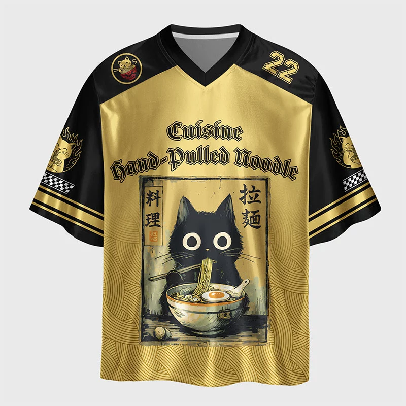 Tokyo-Lion Cute Black Cat Eating Ramen Japan Glossy Oversized Jersey
