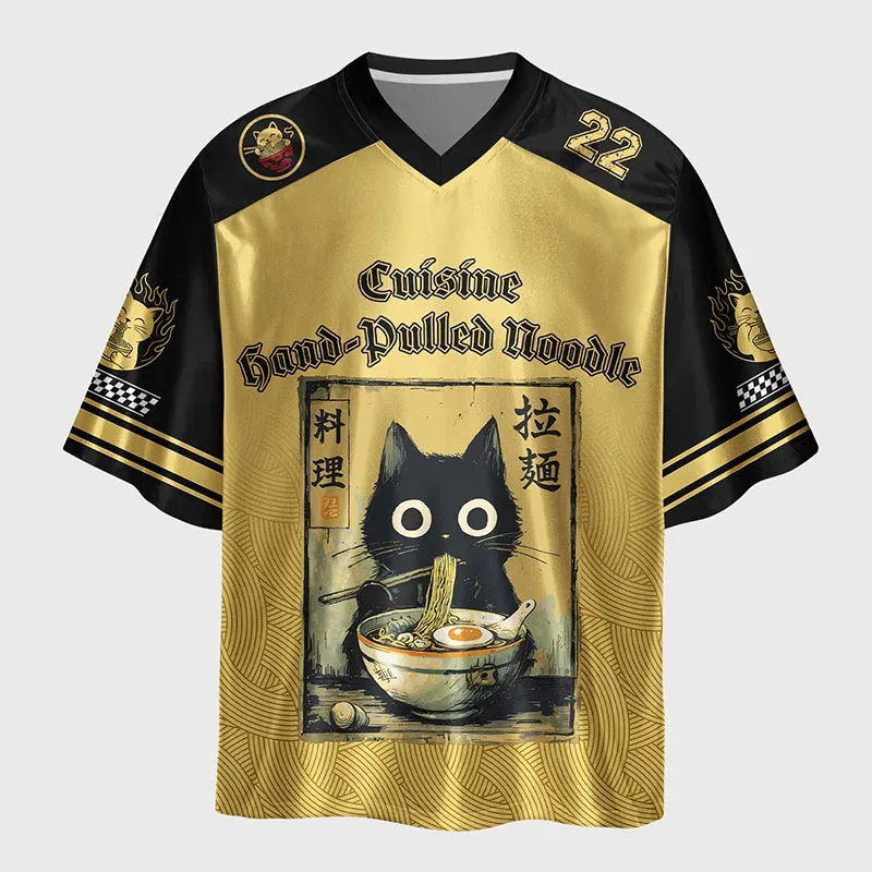 Tokyo-Lion Cute Black Cat Eating Ramen Japan Glossy Oversized Jersey