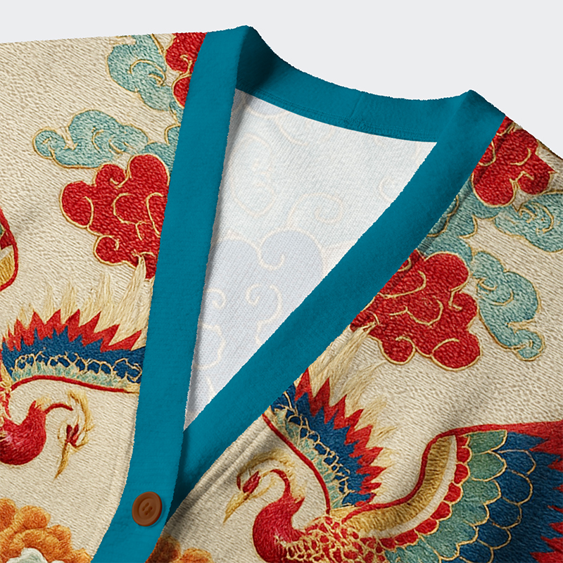 Tokyo-Lion Vermilion Phoenixes in Brocade Skies Ugly Cardigan Sweater