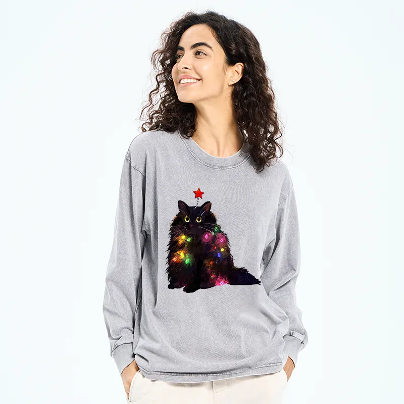 Tokyo-Lion Christmas Lights Cat Washed Long Sleeve T-Shirt-Tokyo-Lion