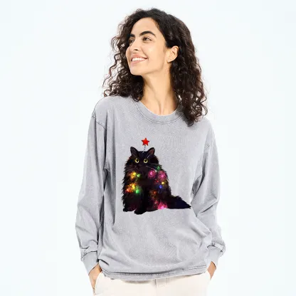 Tokyo-Lion Christmas Lights Cat Washed Long Sleeve T-Shirt-Tokyo-Lion