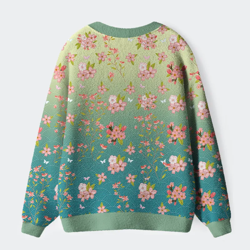 Tokyo-Lion Sakura Blossom Waves Ugly Cardigan Sweater