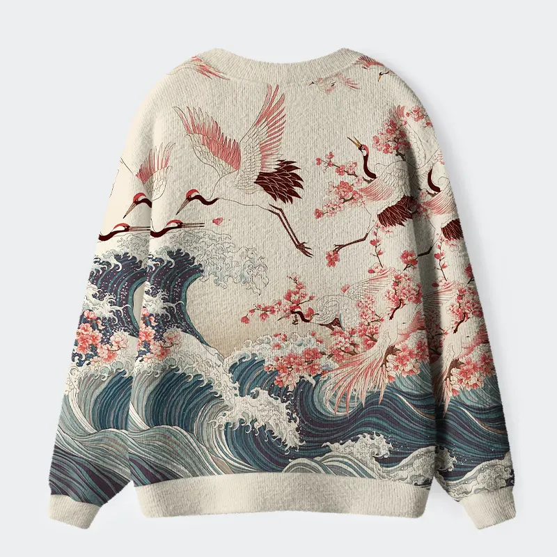 Tokyo-Lion Cranes Dancing On The Waves Ugly Cardigan Sweater
