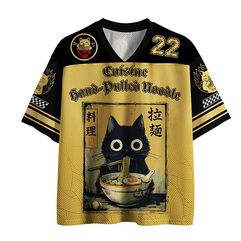 Tokyo-Lion Cute Black Cat Eating Ramen Japan Mesh Jersey