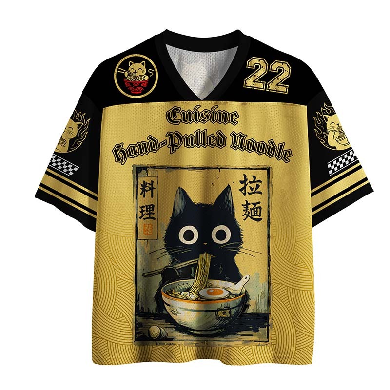 Tokyo-Lion Cute Black Cat Eating Ramen Japan Mesh Jersey