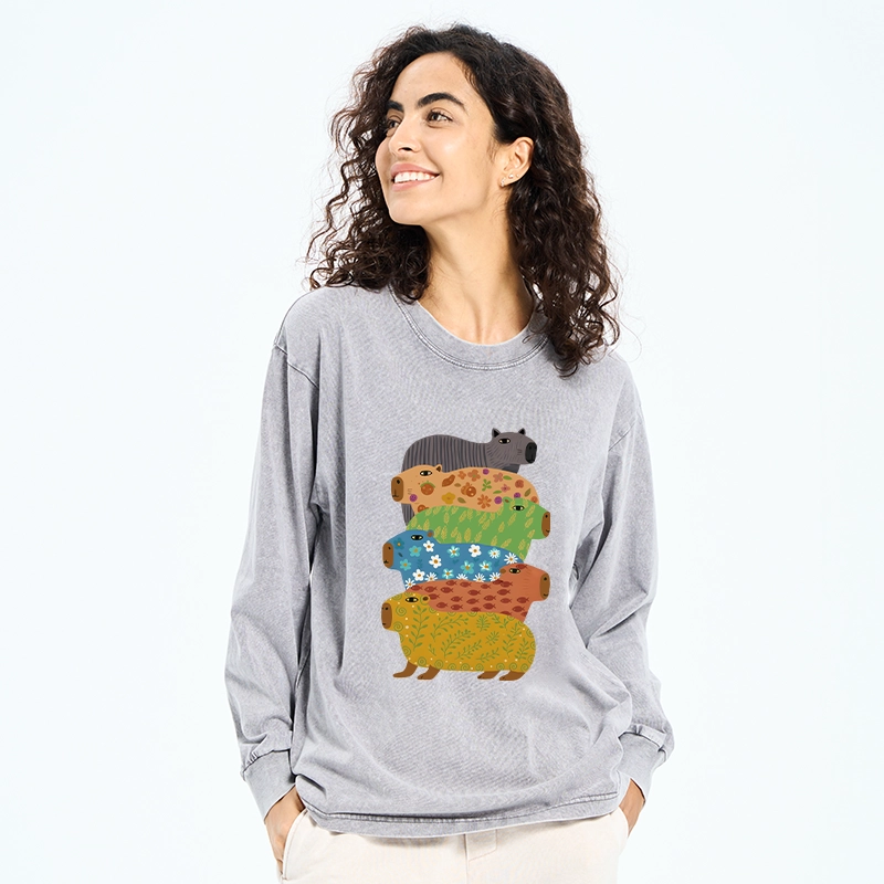 Tokyo-Lion Colorful Capybaras Washed Long Sleeve T-Shirt