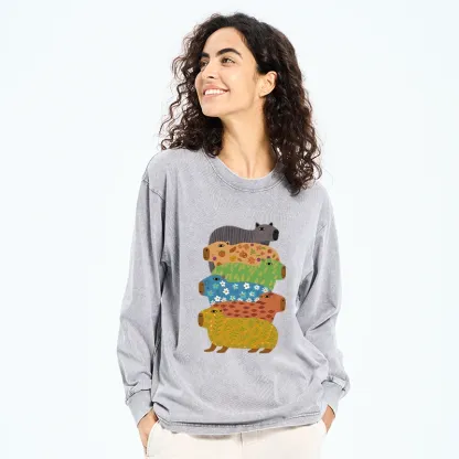 Tokyo-Lion Colorful Capybaras Washed Long Sleeve T-Shirt