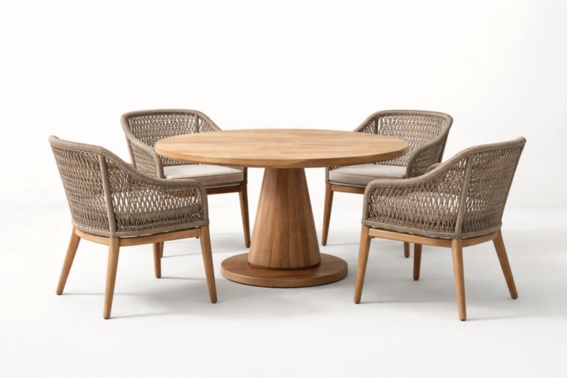 Set tavolo rotondo legno e 4 sedie in polyrattan-Joravero