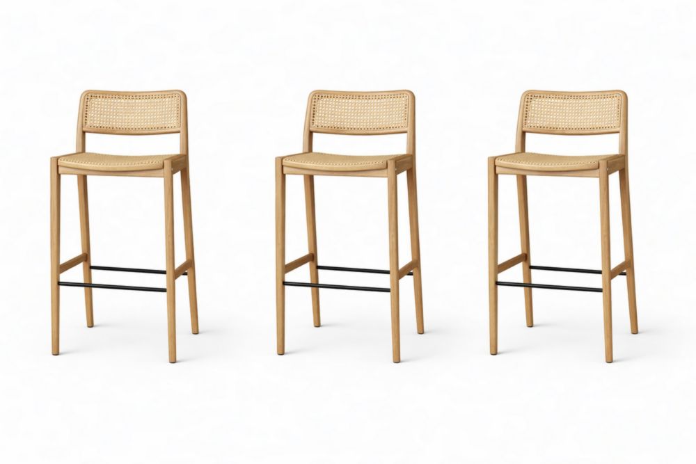 Set di 3 sgabelli da bar in legno e rattan-Joravero
