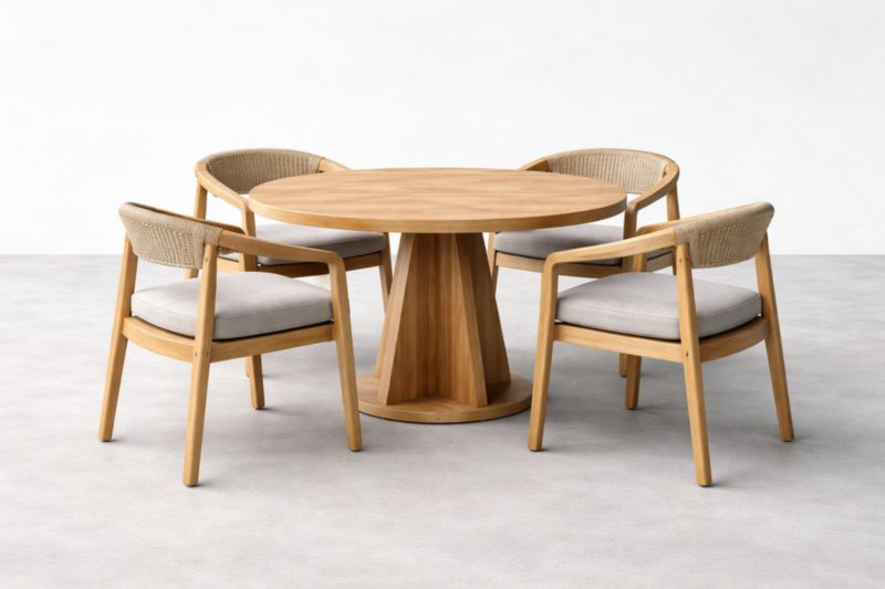 Set Tavolo Rotondo in Legno con 4 Sedie in Rattan e Cuscini Grigi-Joravero