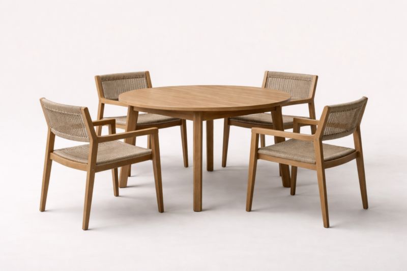 Set tavolo rotondo in legno con 4 sedie in tessuto intrecciato-Joravero