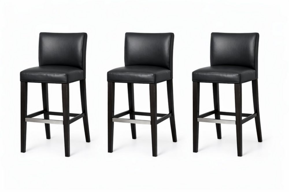 Set di 3 sgabelli alti in legno e pelle nera-Joravero