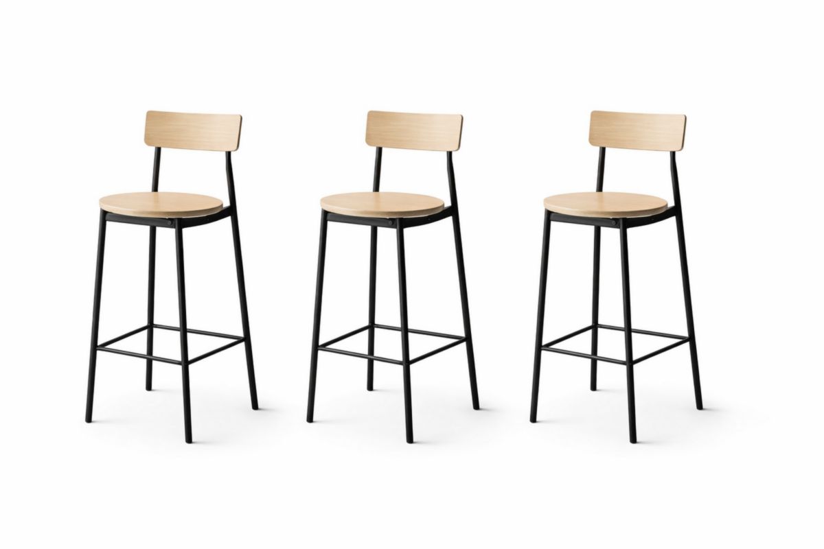 Set di 3 sgabelli in legno multistrato e acciaio nero-Joravero