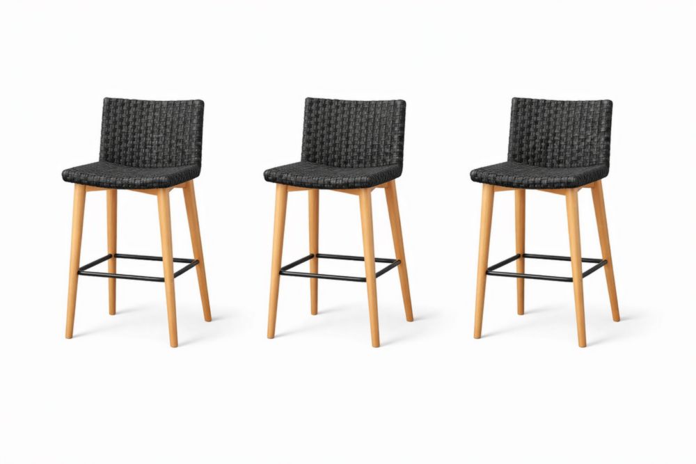 Set di 3 sgabelli da bar con seduta intrecciata in plastica nera e gambe in legno-Joravero