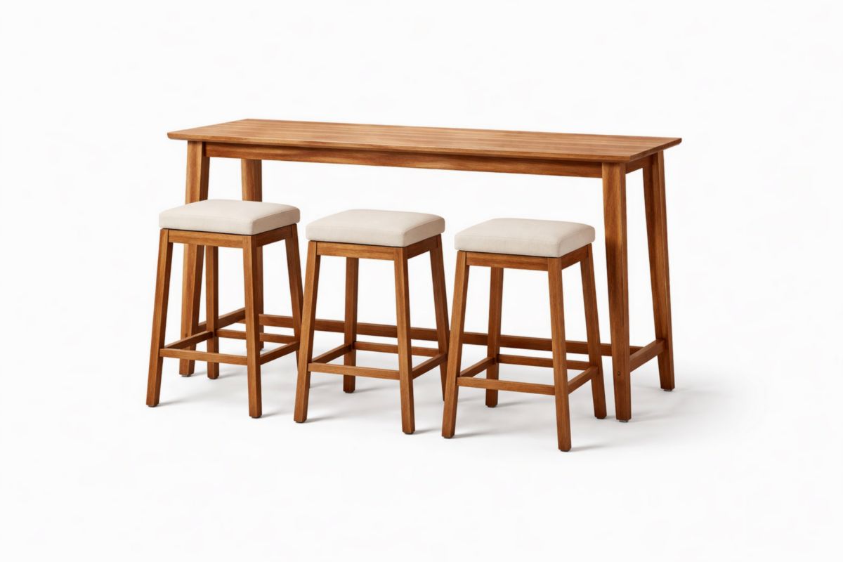 Set tavolo e sgabelli in legno con seduta in tessuto crema-Joravero