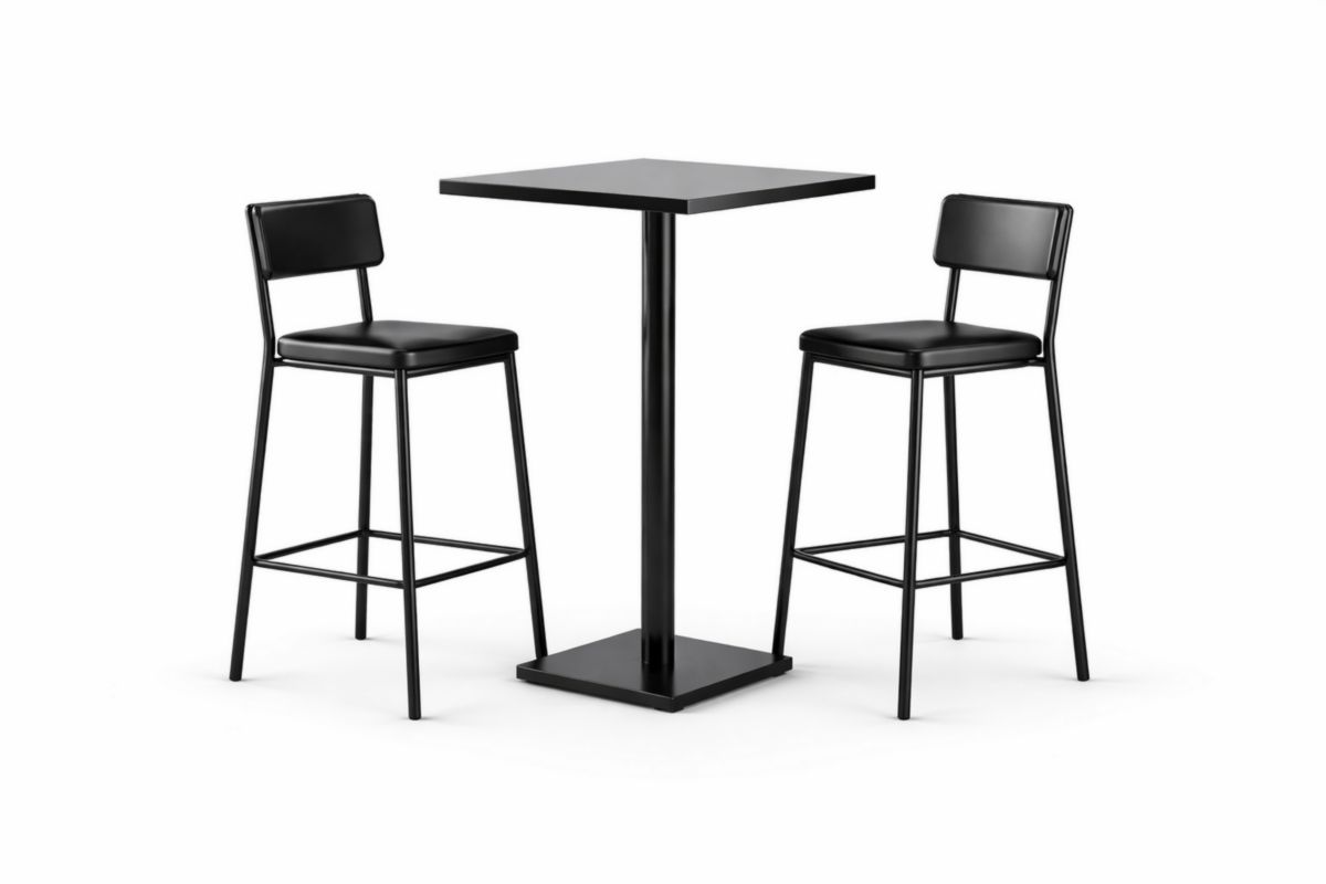 Set tavolo alto con 2 sgabelli neri in metallo e similpelle-Joravero