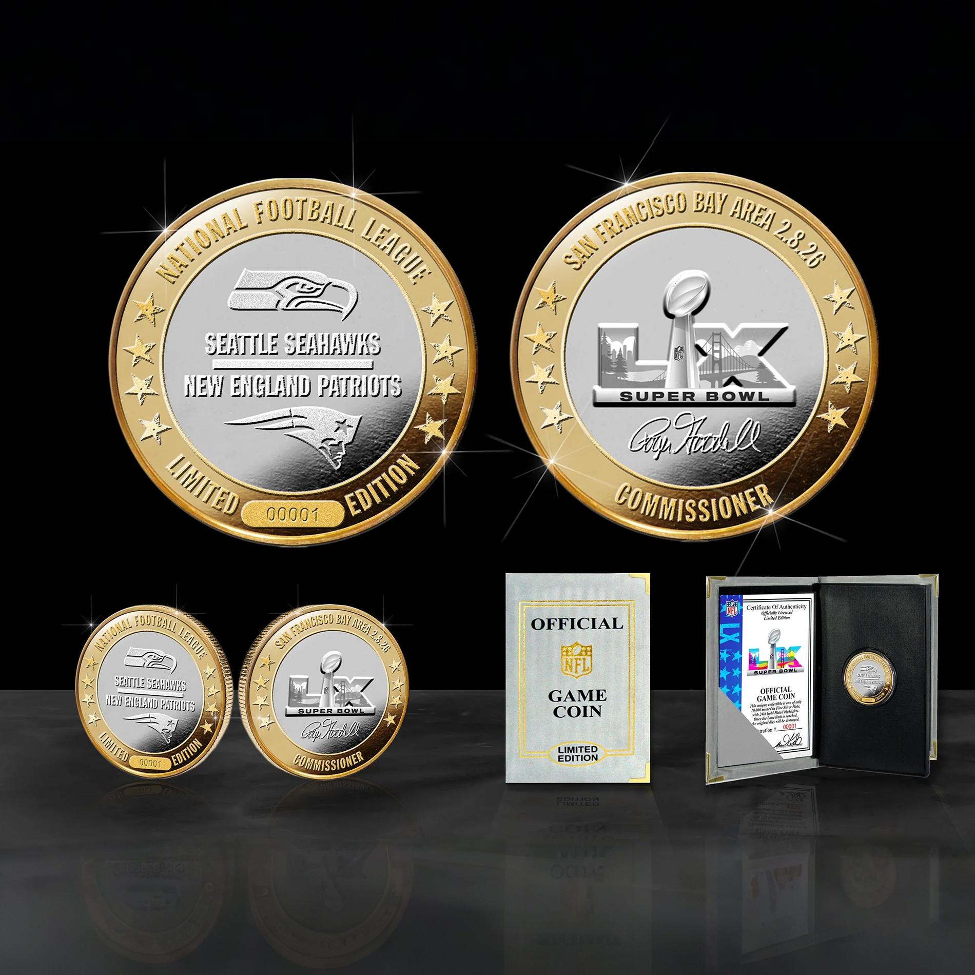 New England Patriots vs. Seattle Seahawks Super Bowl LX Official 2-Tone Gold & Silver Game Coin