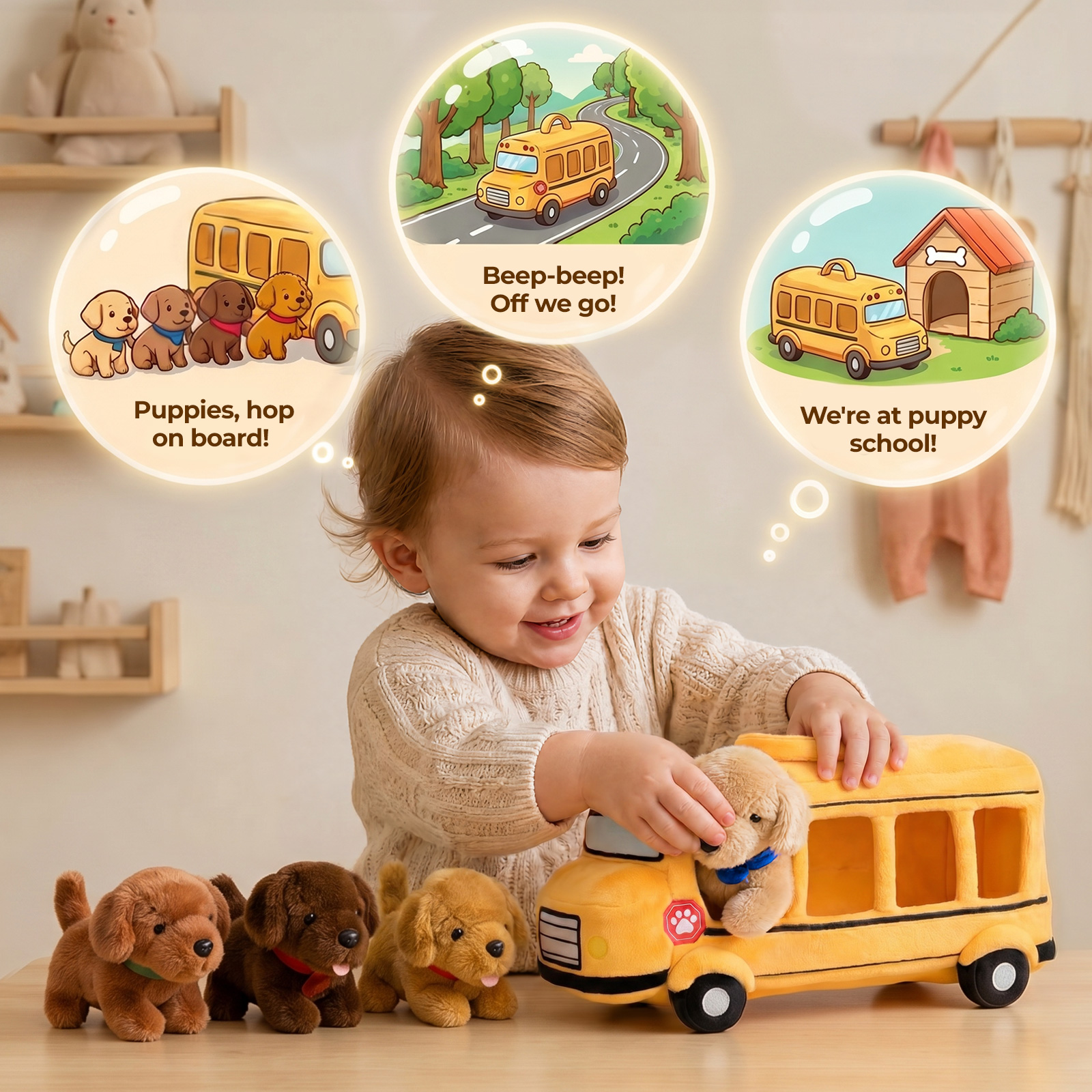 Personalized First Puppy Bus Playset - Soft Sensory Toy with 4 Furry Friends