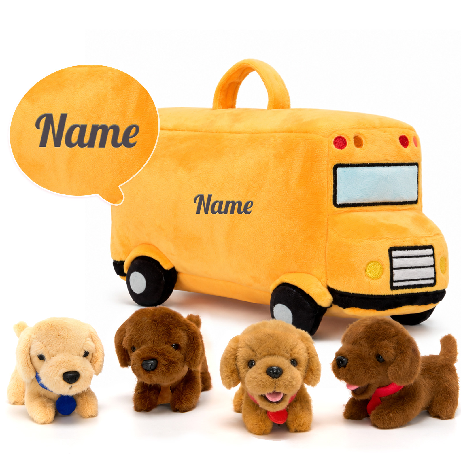 Personalized First Puppy Bus Playset - Soft Sensory Toy with 4 Furry Friends