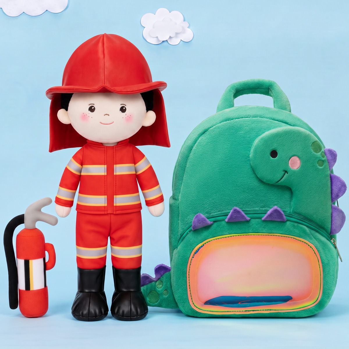 Personalized Firemen Plush Baby Boy Doll + Backpack