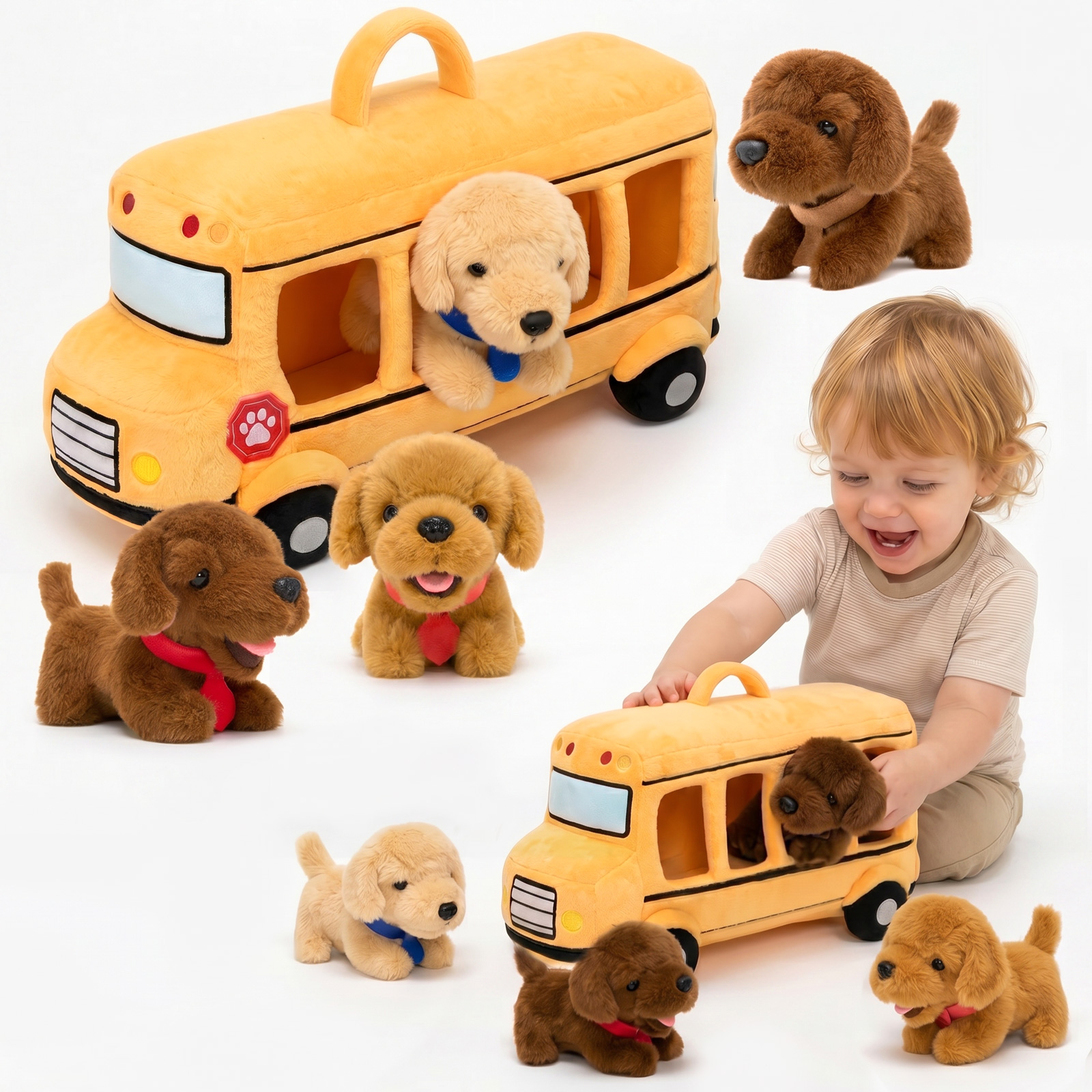 Personalized First Puppy Bus Playset - Soft Sensory Toy with 4 Furry Friends