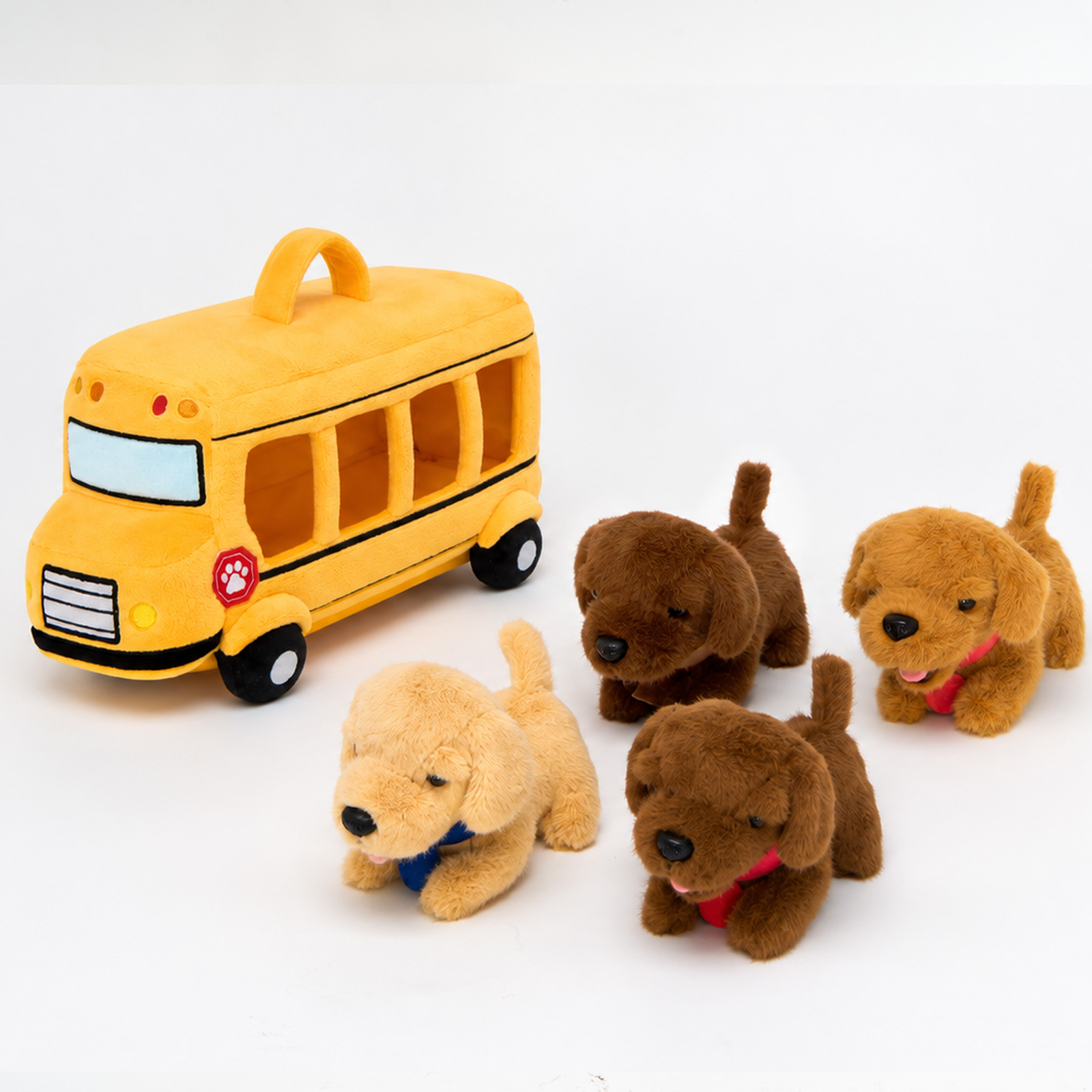Personalized First Puppy Bus Playset - Soft Sensory Toy with 4 Furry Friends