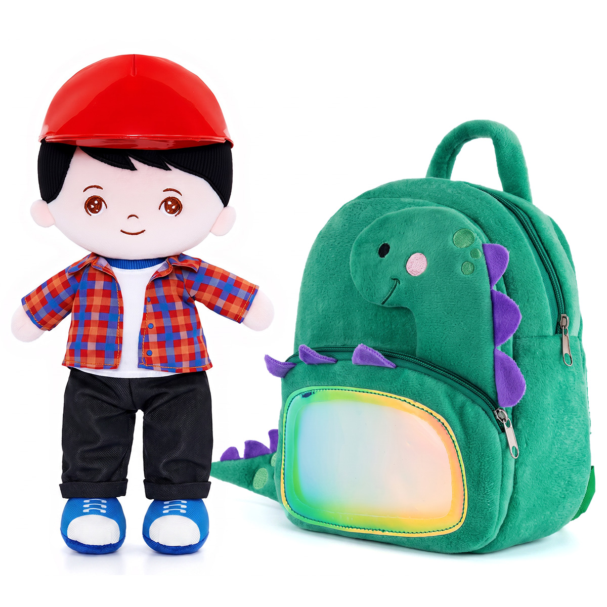 Personalized Plaid Jacket Plush Baby Boy Doll + Backpack