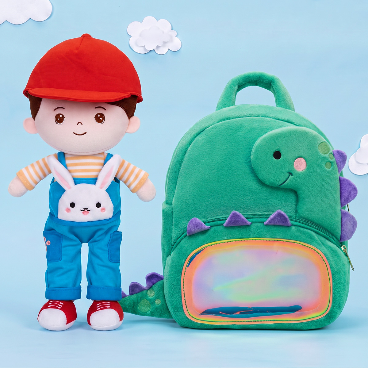 Personalized Rabbit Overalls Plush Baby Boy Doll + Backpack