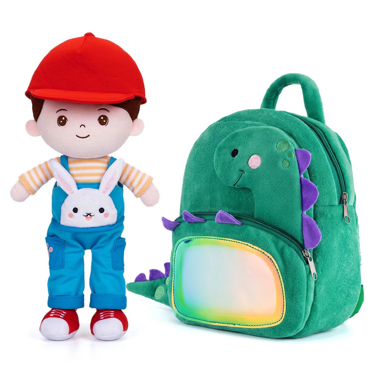 Personalized Rabbit Overalls Plush Baby Boy Doll + Backpack