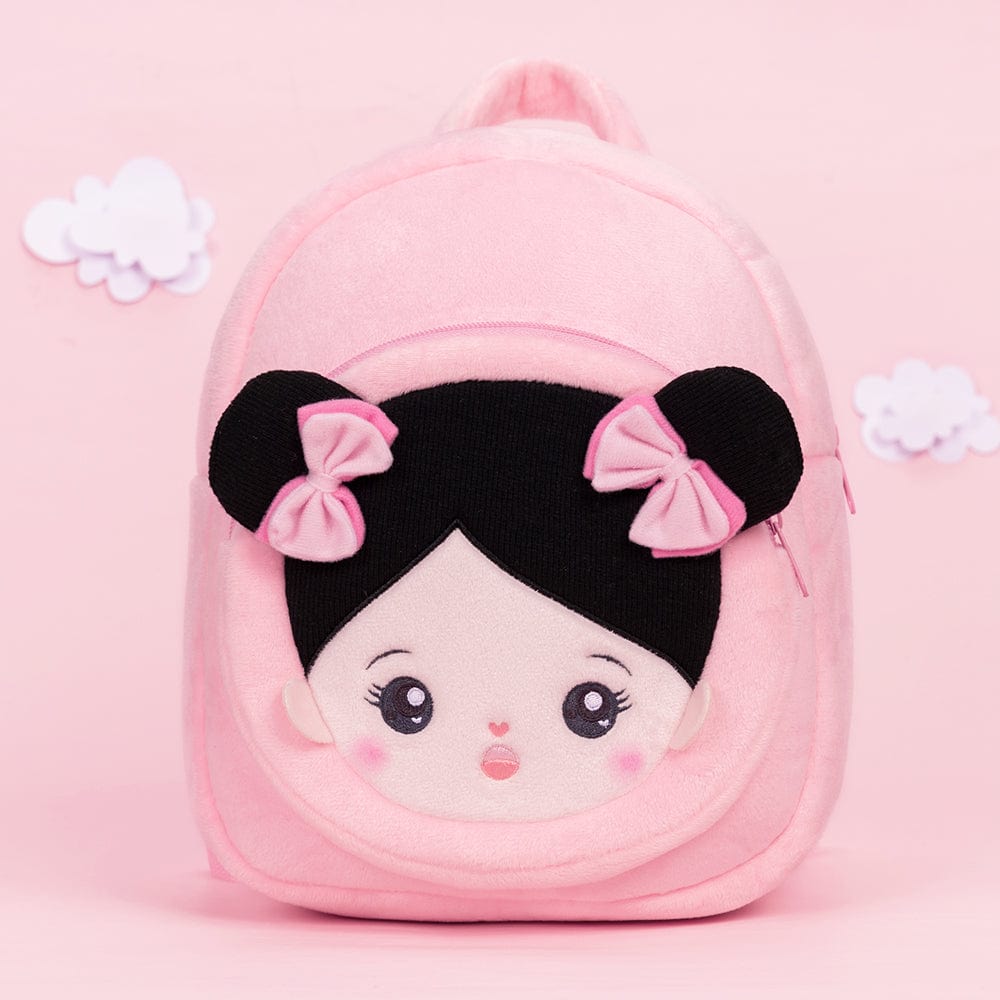 OUOZZZ Personalized Black Hair Pink Plush Baby Girl Backpack