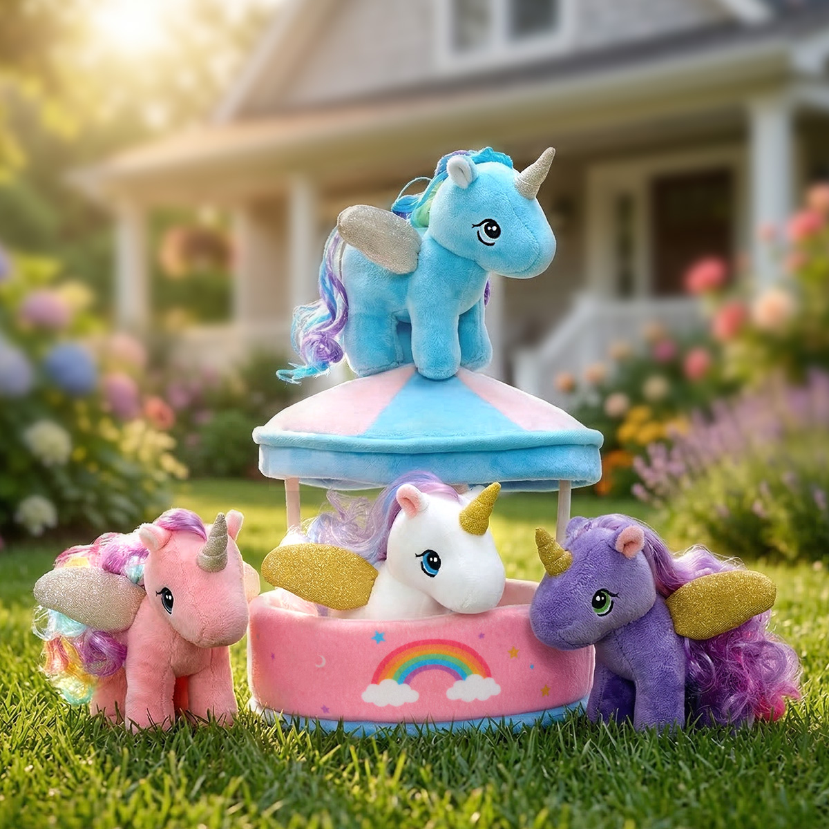 Carousel Plush Toy Set with 4 Unicorns