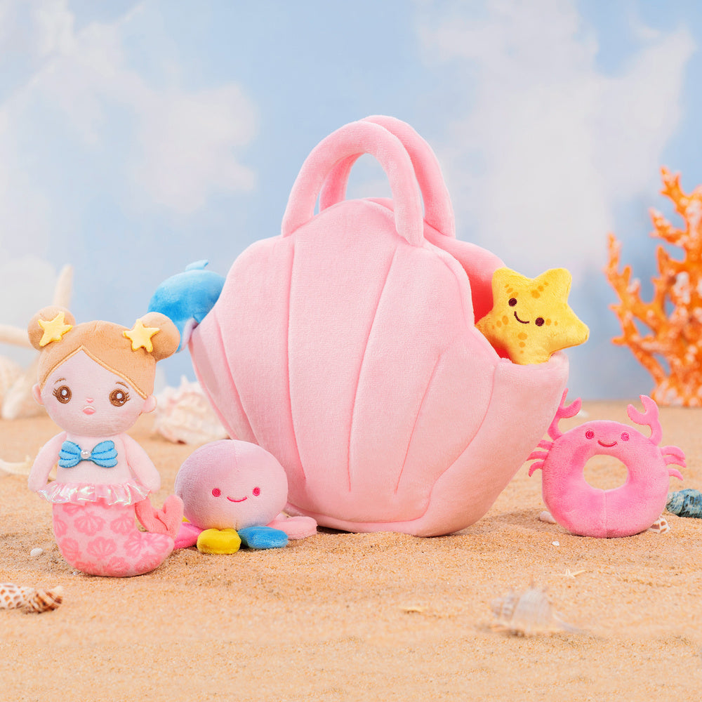 Ouozzz Plush Mermaid Shell Sensory Toy Set with 4 Marine Creatures