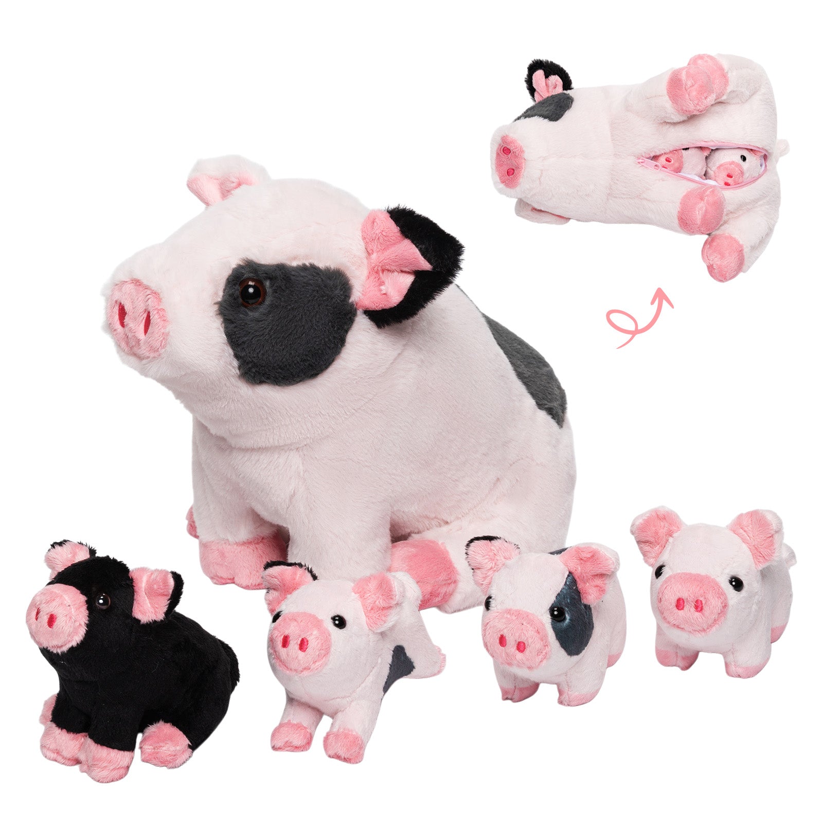 Pigs Plush Toy with 4 Stuffed Piglets, Spotted, Fluffy and Soft