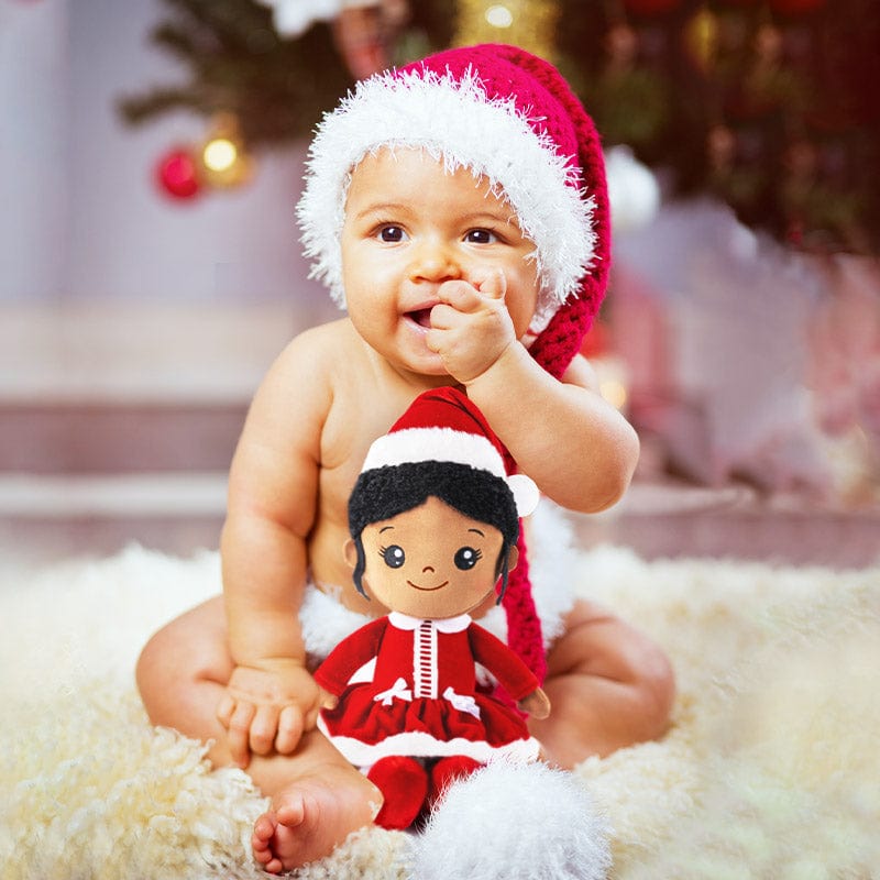 OUOZZZ Personalized Deep Skin Tone Red Christmas Plush Baby Girl Doll