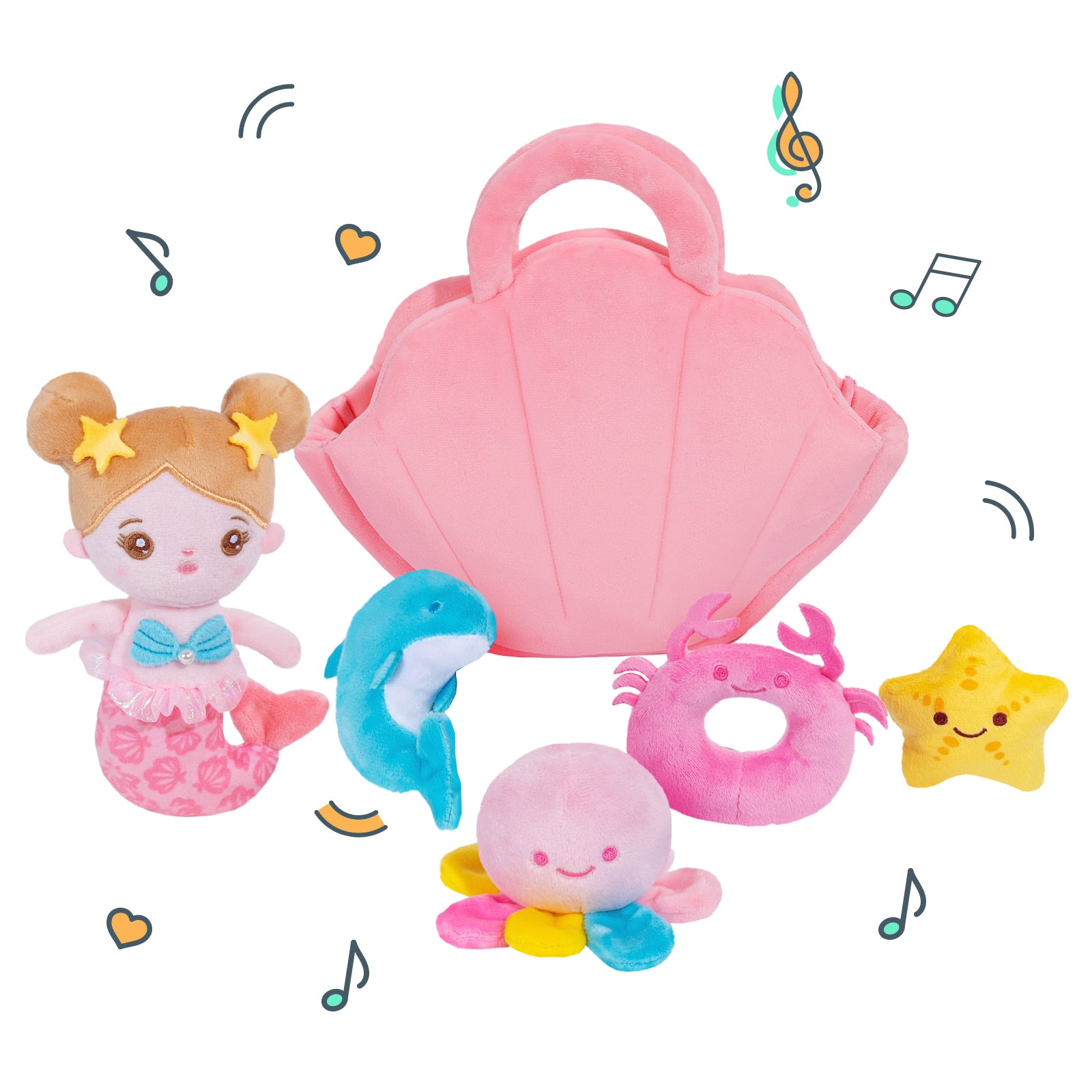 Ouozzz Plush Mermaid Shell Sensory Toy Set with 4 Marine Creatures
