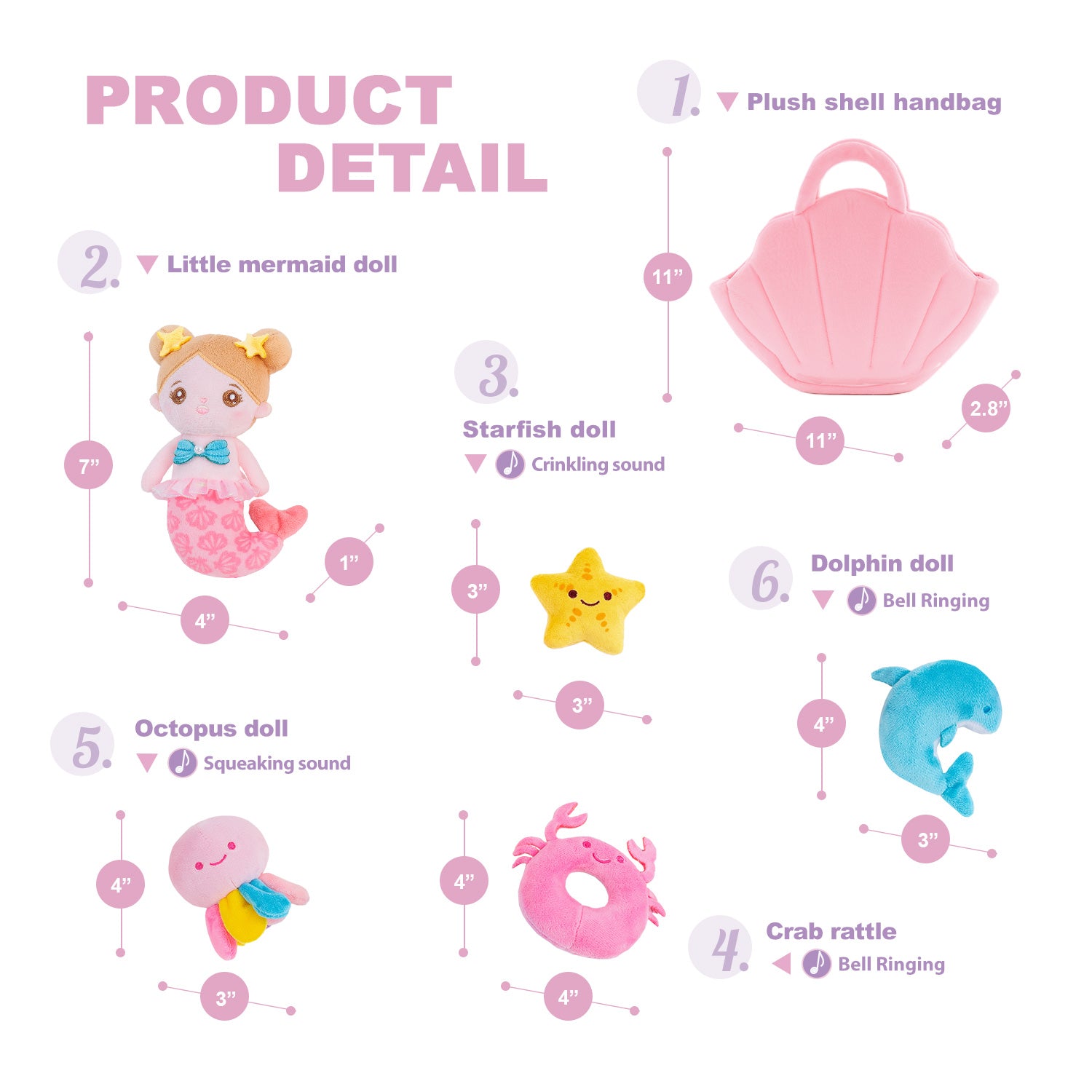 Ouozzz Plush Mermaid Shell Sensory Toy Set with 4 Marine Creatures