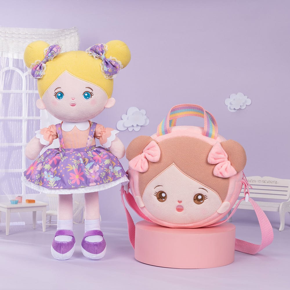 OUOZZZ Personalized Plush Doll + Shoulder Bag Combo Purple Floral Dress Doll / With Shoulder Bag