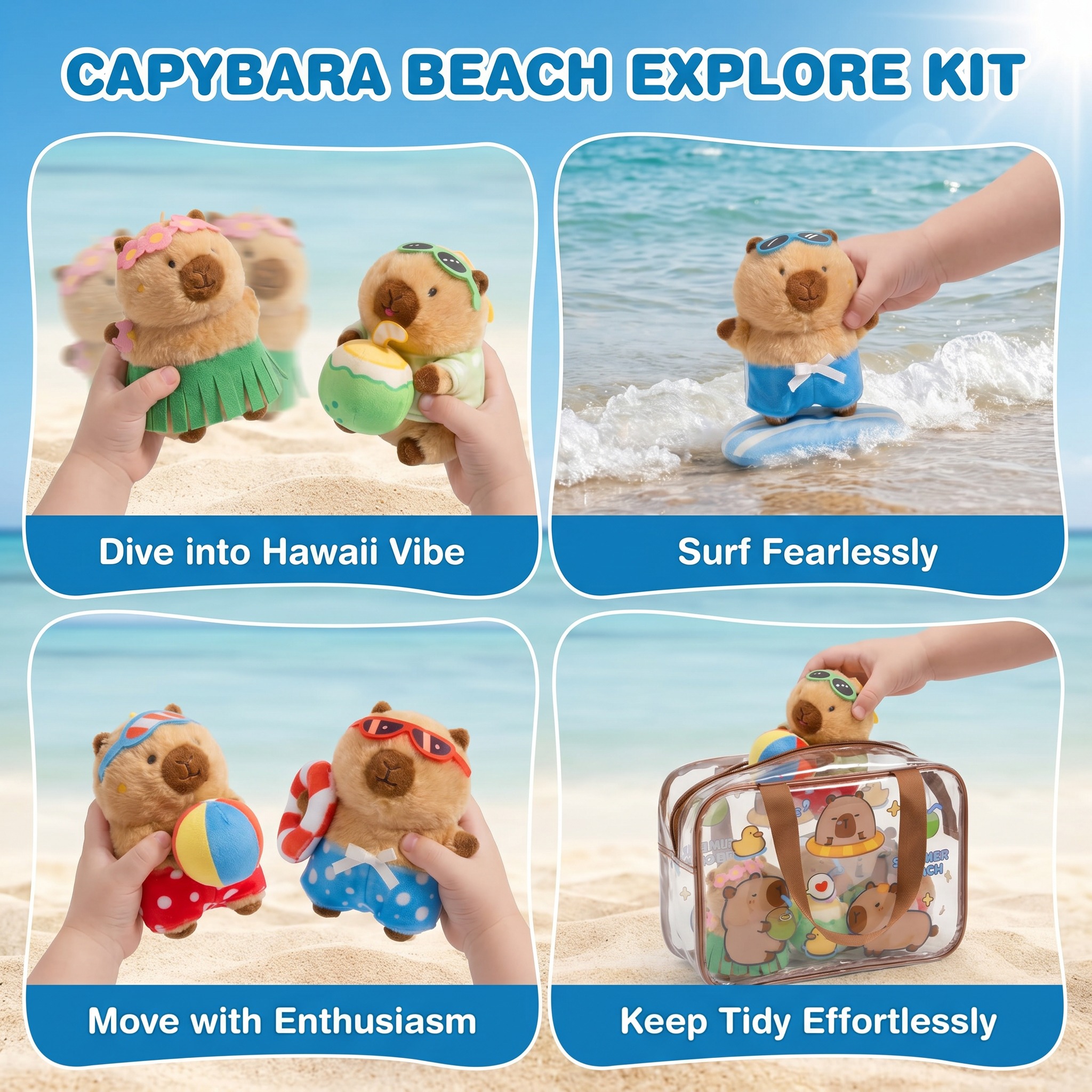 Capybara Summer Beach Adventure 6-Piece Plush Playset with Splash Bag (Ages 2-6)