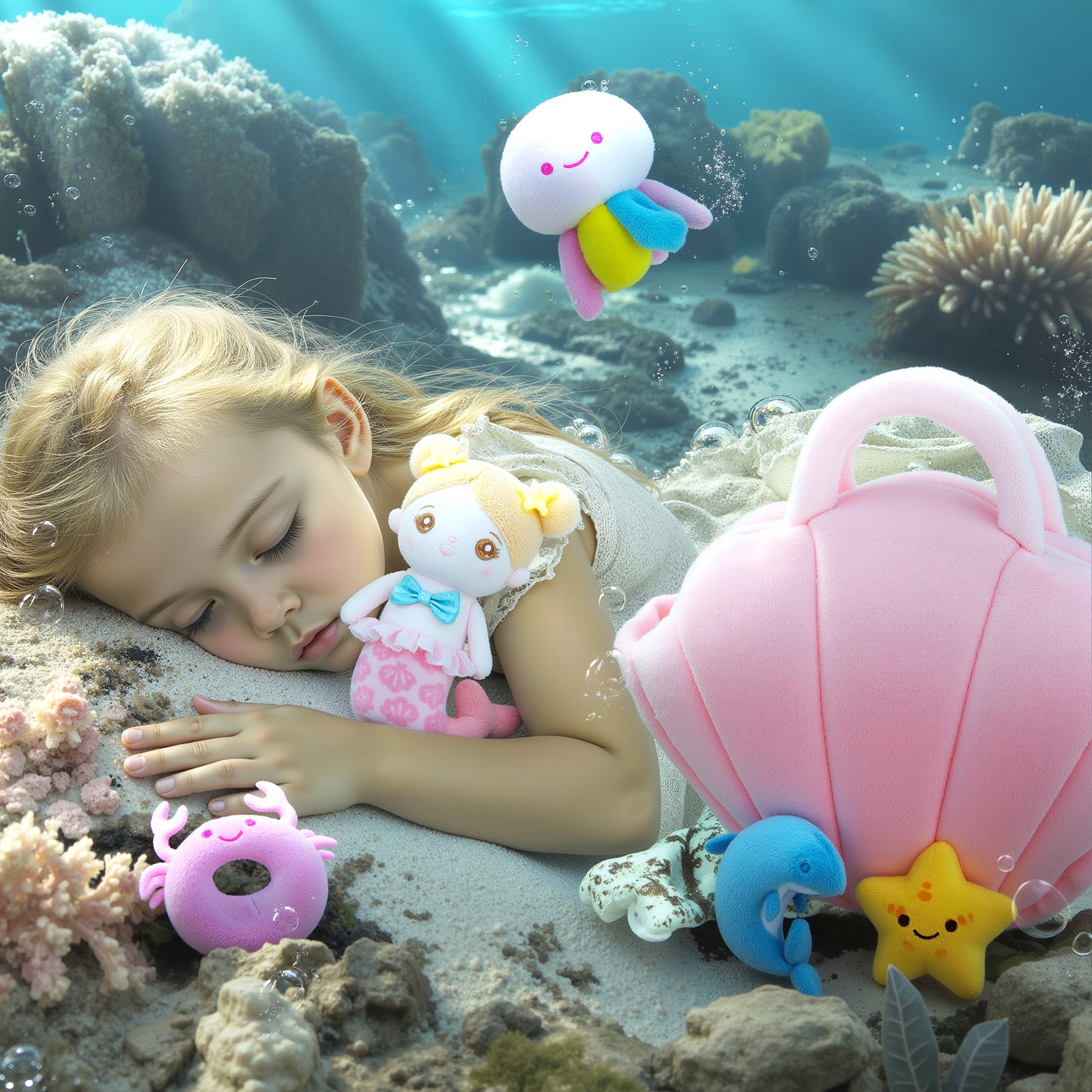 Ouozzz Plush Mermaid Shell Sensory Toy Set with 4 Marine Creatures