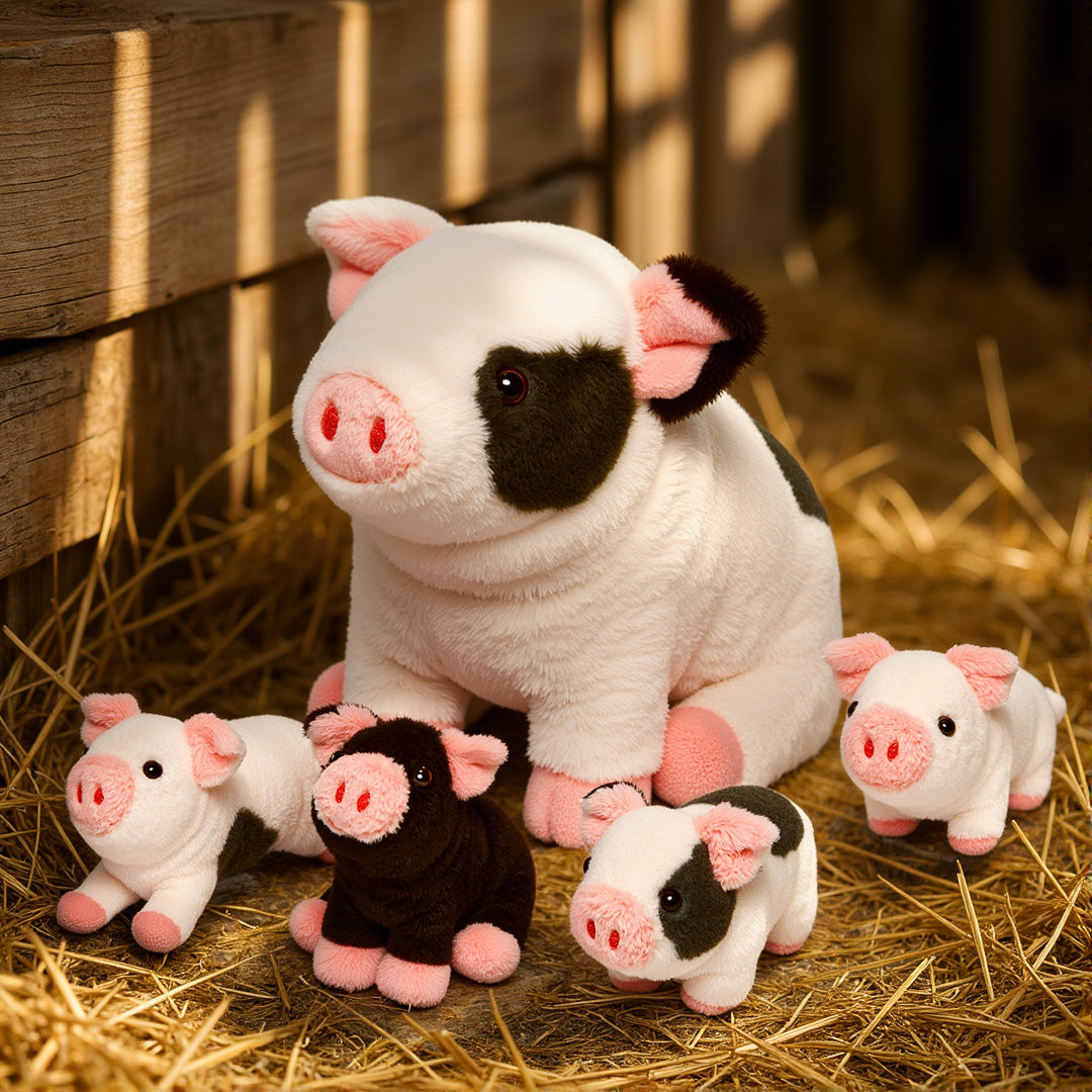 Pigs Plush Toy with 4 Stuffed Piglets, Spotted, Fluffy and Soft