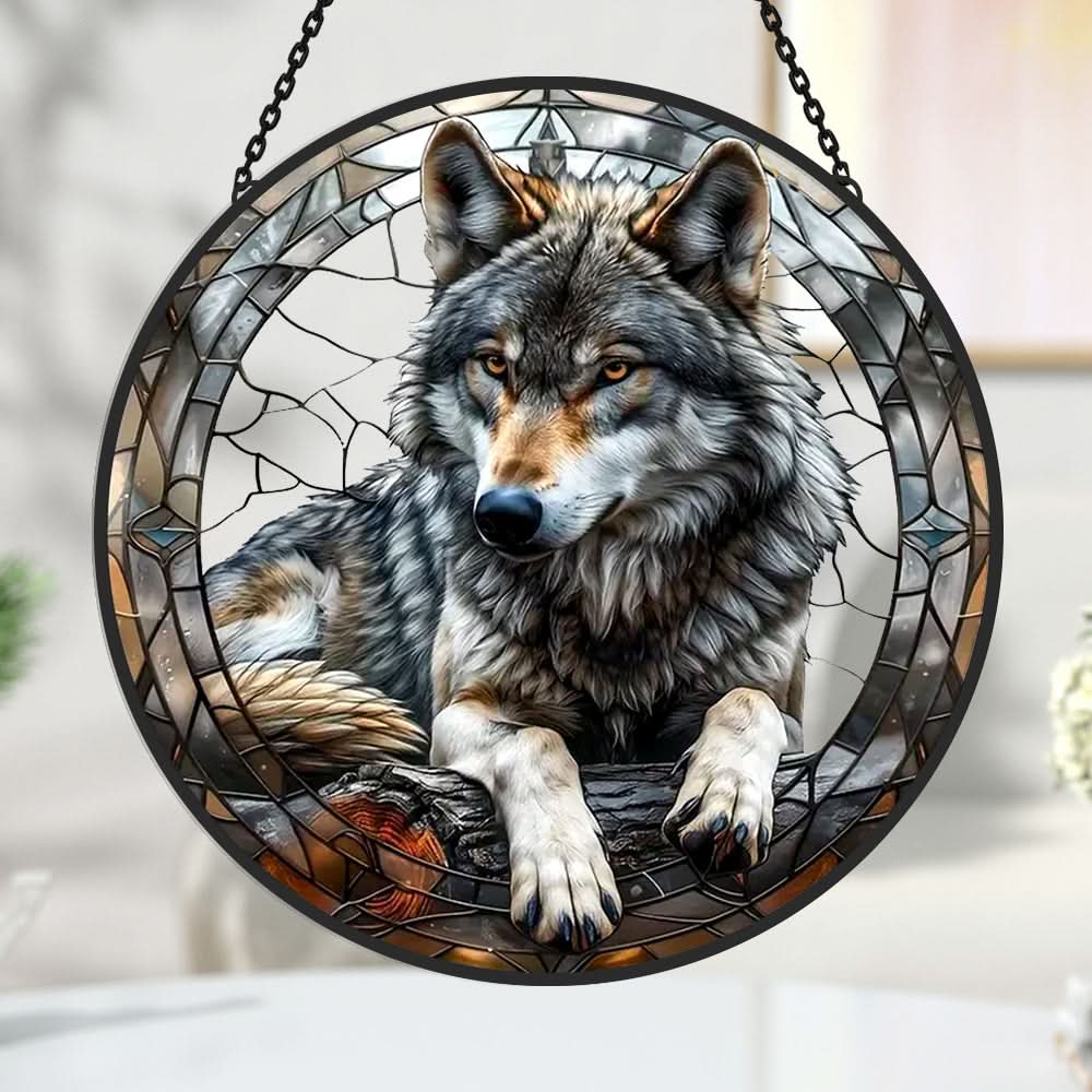 Gray Wolf Portrait Stained Glass Suncatcher