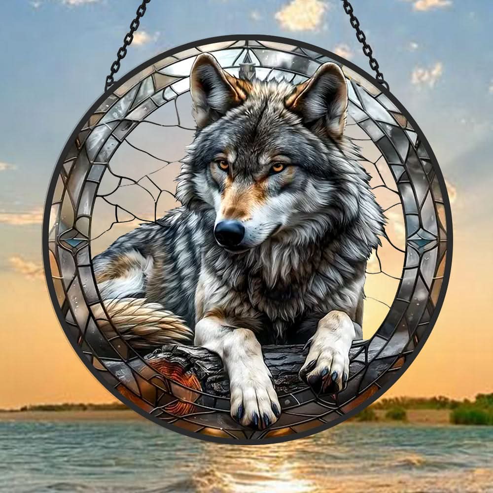 Gray Wolf Portrait Stained Glass Suncatcher