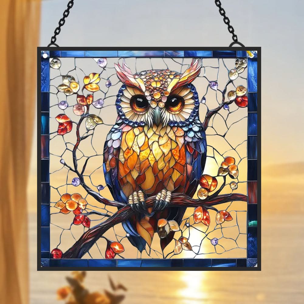 Vibrant Owl Portrait Stained Glass Suncatcher