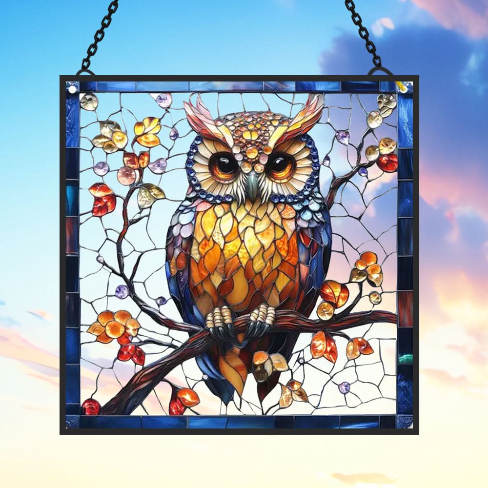 Vibrant Owl Portrait Stained Glass Suncatcher