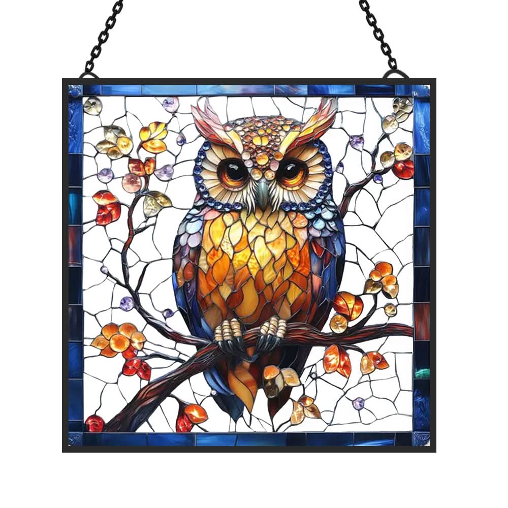 Vibrant Owl Portrait Stained Glass Suncatcher